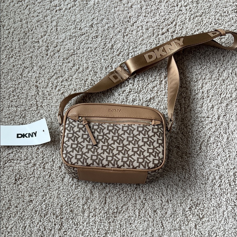 DKNY Tan and Brown Logo Crossbody Bag